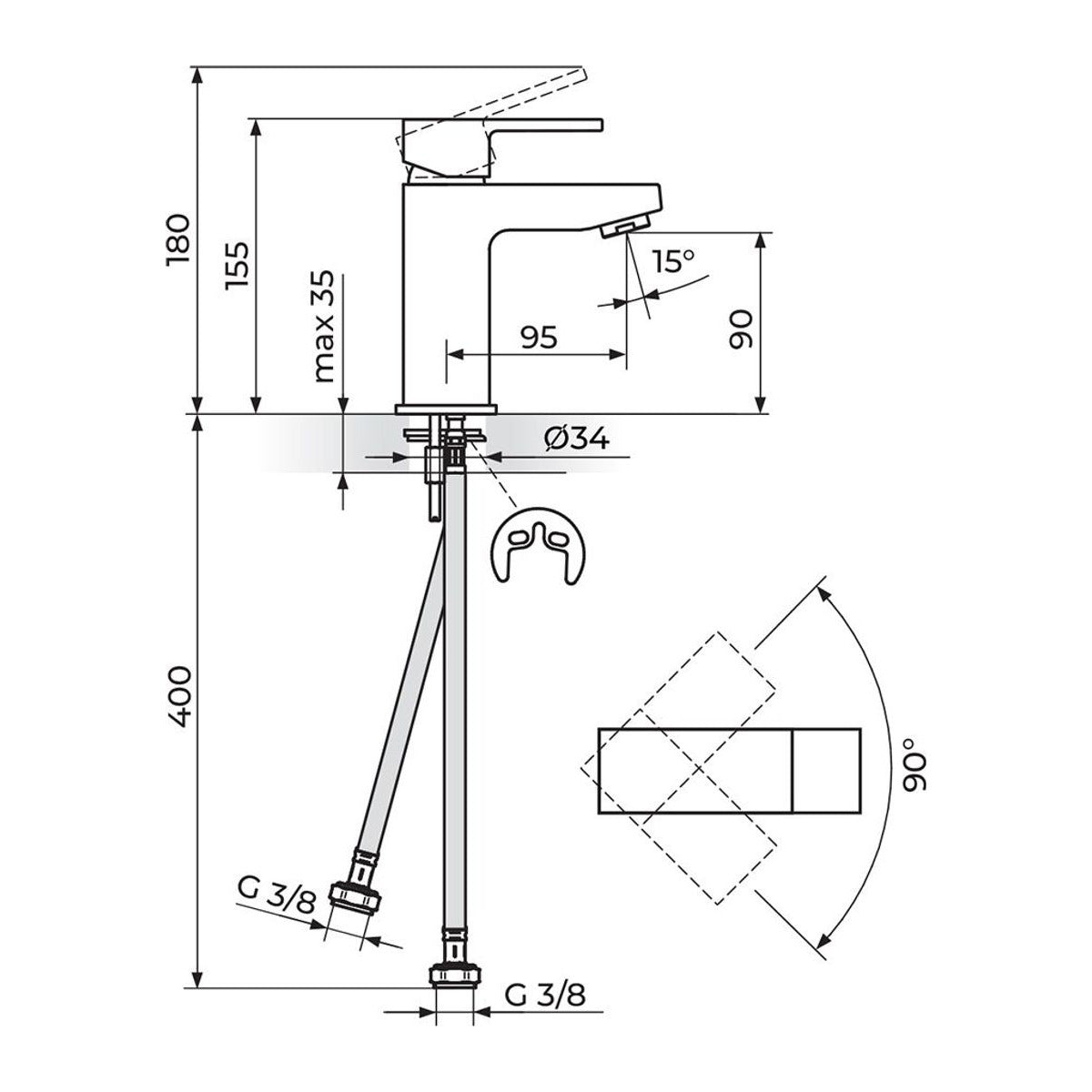 Rosan Quadro White baterija za lavabo JQ30101W – tehnički crtež