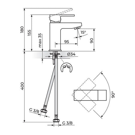 Rosan Quadro White baterija za lavabo JQ30101W – tehnički crtež
