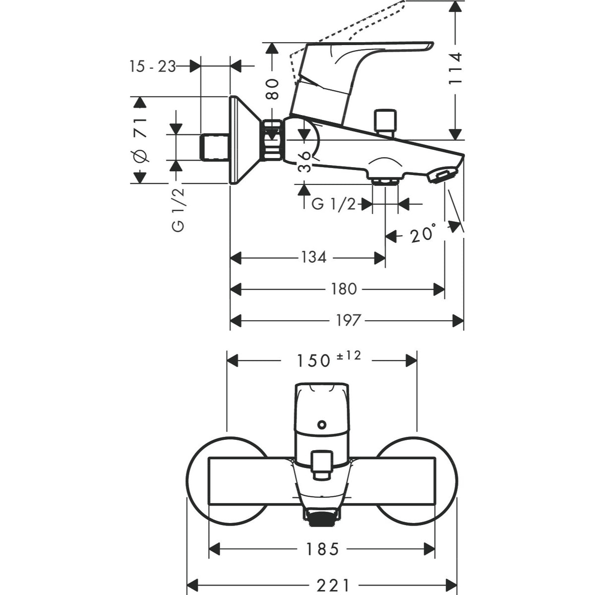 Hansgrohe Focus slavina za kadu 31940000 – tehnički crtež