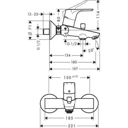 Hansgrohe Focus slavina za kadu 31940000 – tehnički crtež
