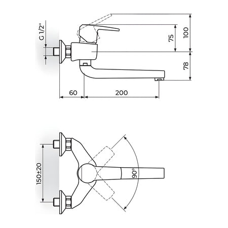 Rosan Cubo3 baterija za sudoperu – lavabo izliv 200mm JC32220 – tehnički crtež