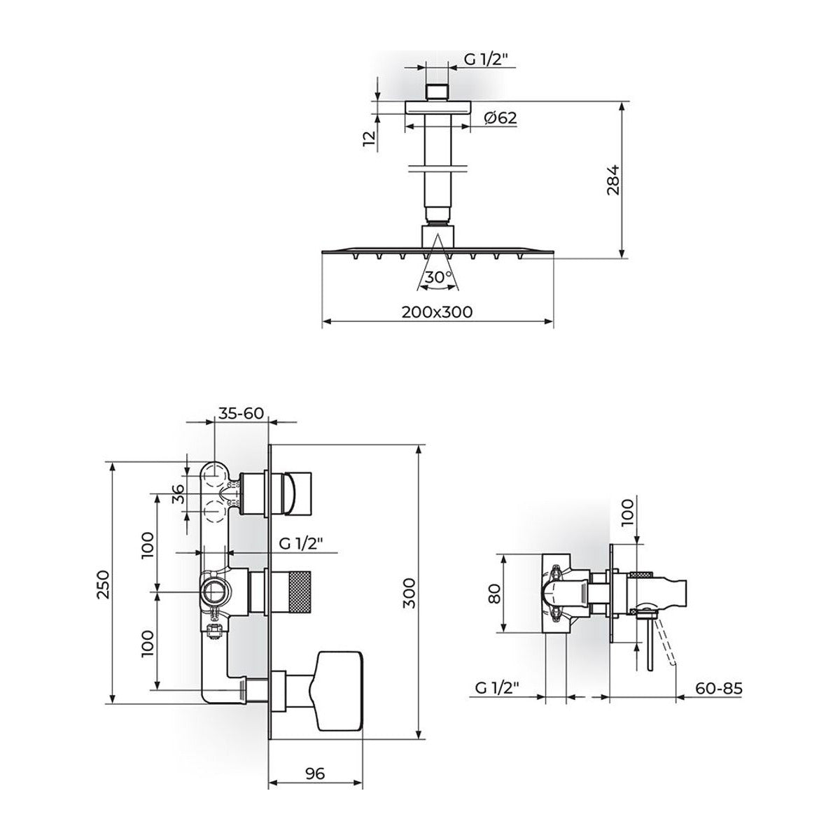 Rosan S2 baterija za tuš kadu 231607 – tehnički crtež