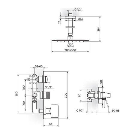 Rosan S2 baterija za tuš kadu 231607 – tehnički crtež