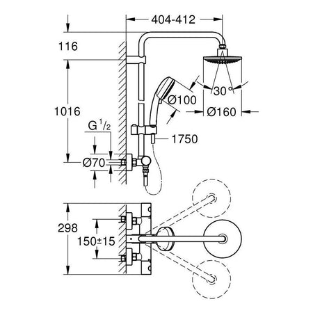 Grohe Tempesta Cosmopolitan 160 Termostatski Usponski tuš 27922000 – tehnički crtež