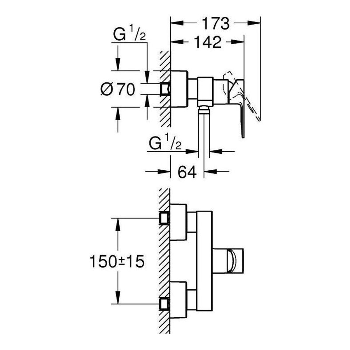 Grohe Lineare baterija za tuš kadu 33865001 – tehnički crtež