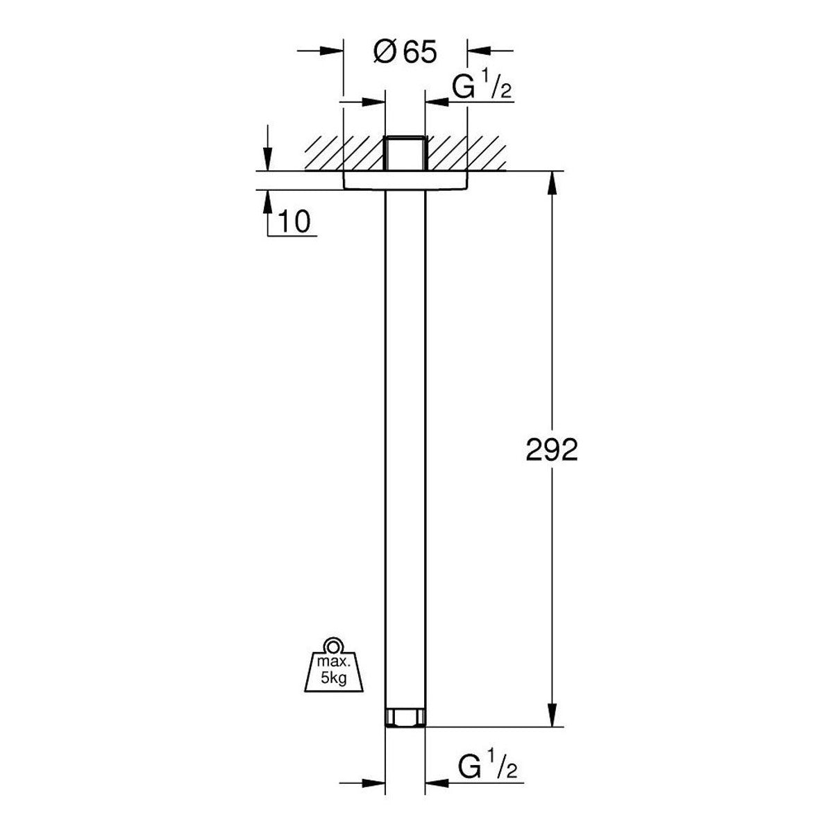 Grohe Rainshower držač tuš ruže plafonski 292mm 28497000 – tehnički crtež