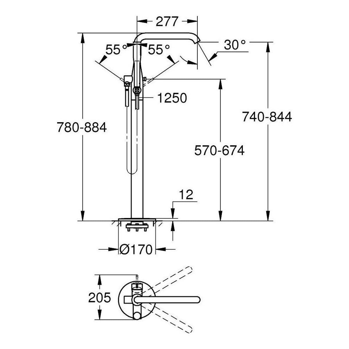 Grohe Essence za kadu podna 23491001 – tehnički crtež