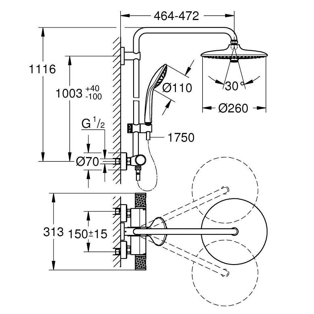 Grohe Euphoria 260 Termostatski Usponski tuš 27296003 – tehnički crtež