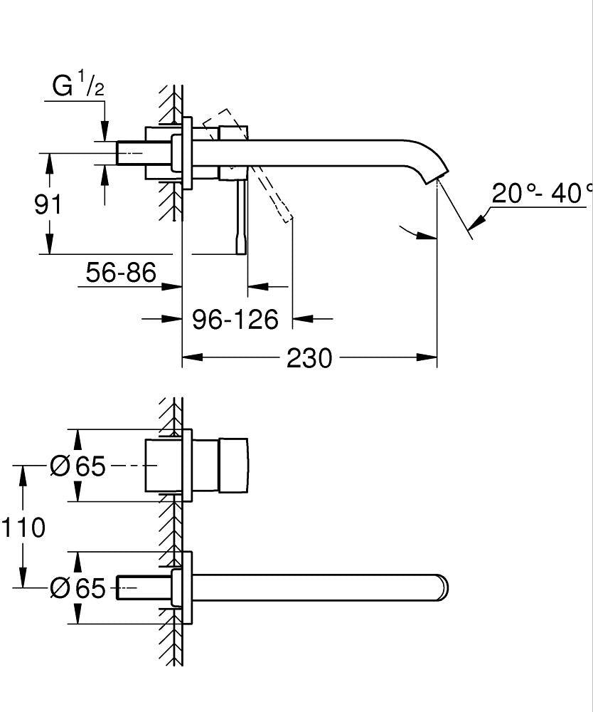 Grohe Essence Zidna za lavabo L SIZE Supersteel 29193DC1 – tehnički crtež