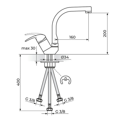 Rosan Perla baterija za sudoperu – protočni bojler izliv 180mm JP382203 – tehnički crtež