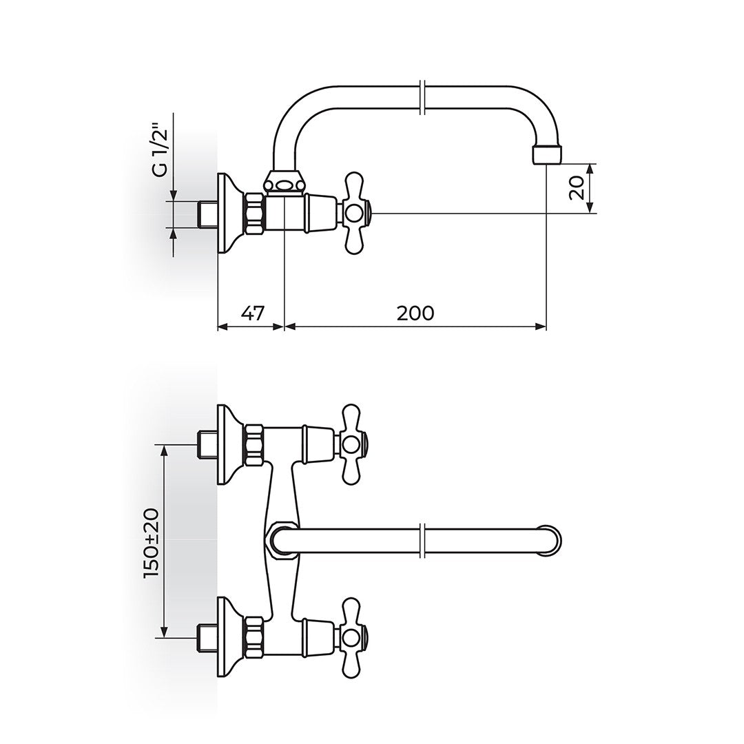 Rosan Nostalgija baterija za sudoperu – lavabo izliv 200mm – U N03101 – tehnički crtež