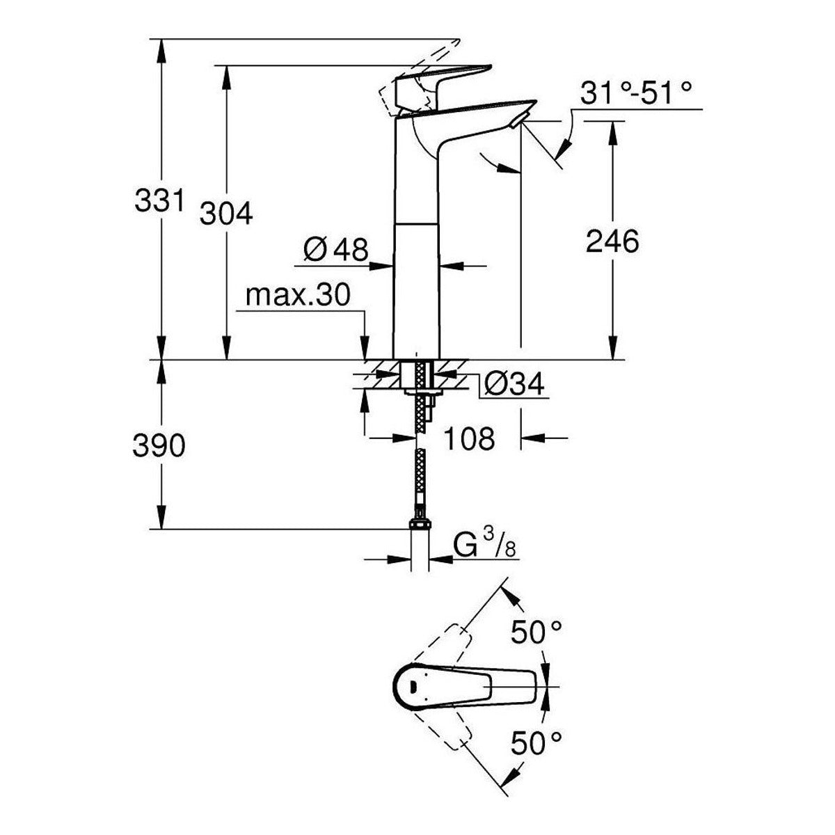 Grohe Bauedge baterija za umivaonik XL – Size 23761001 – tehnički crtež