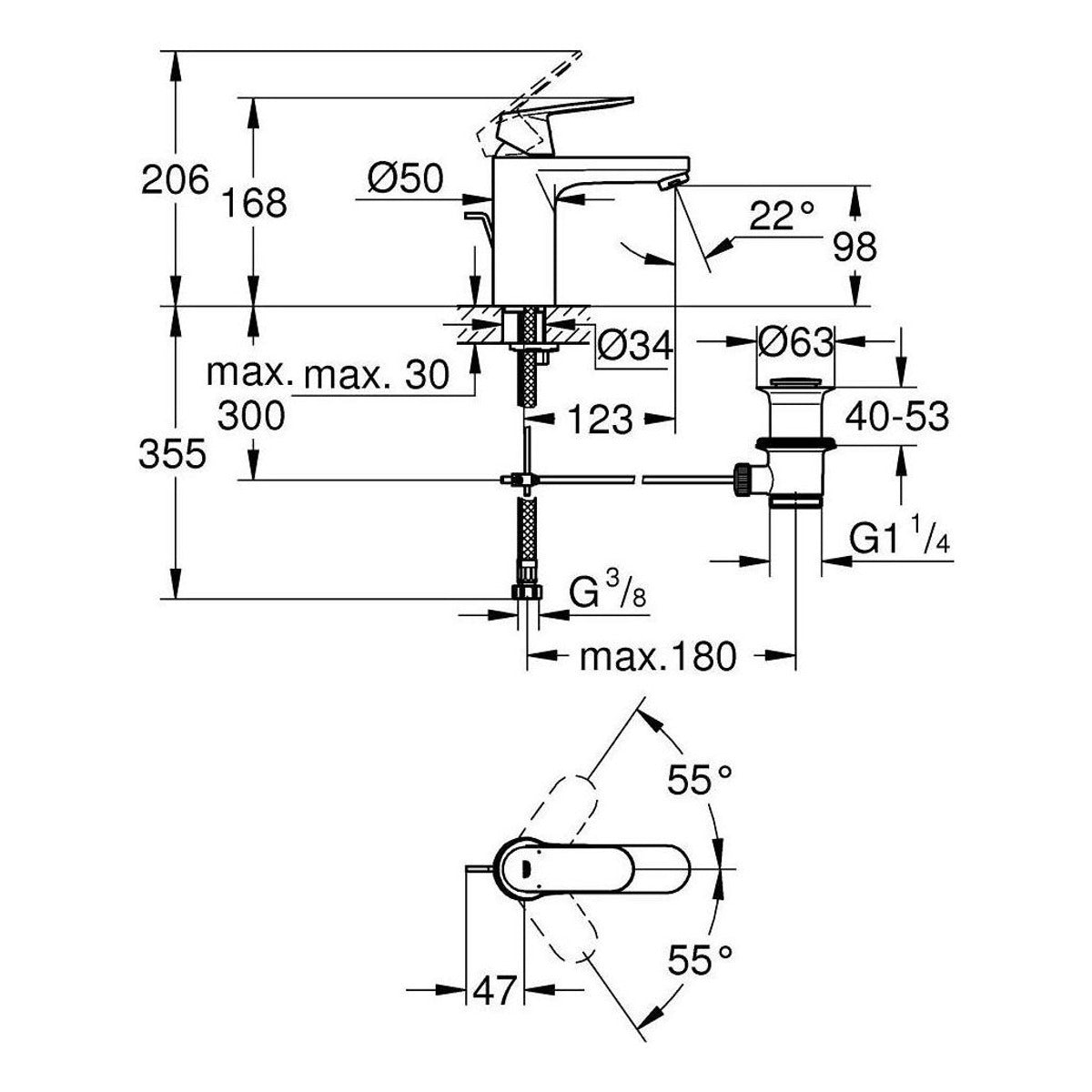 Grohe Eurosmart Cosmopolitan baterija za umivaonik M – Size 23325000 – tehnički crtež
