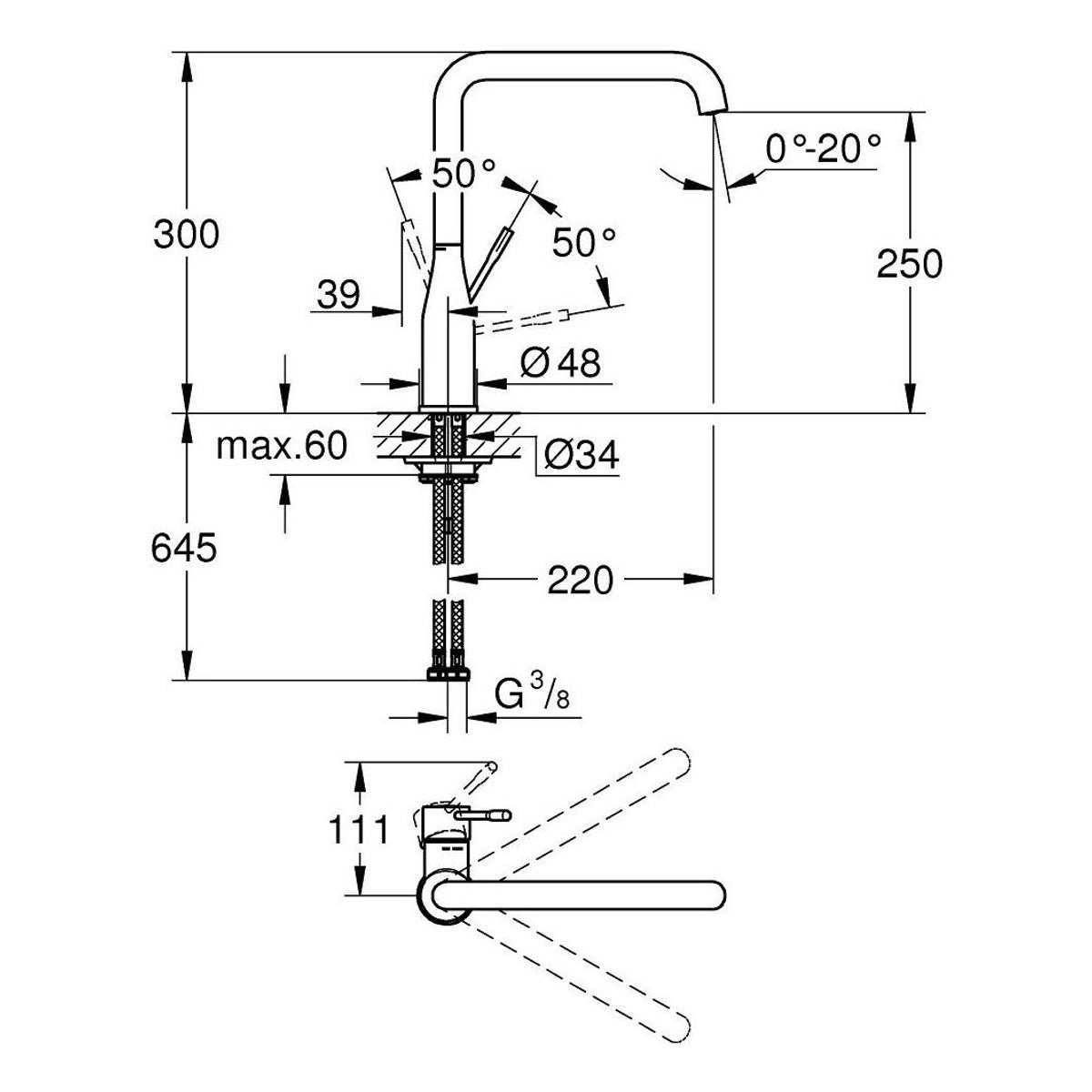 Grohe Essence za sudoperu Brushed Warm sunset 30269DL0 – tehnički crtež