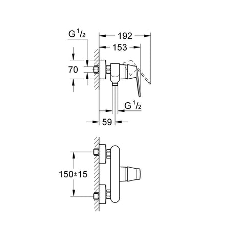 Grohe Eurosmart Cosmopolitan za tuš kadu 32837000 – tehnički crtež