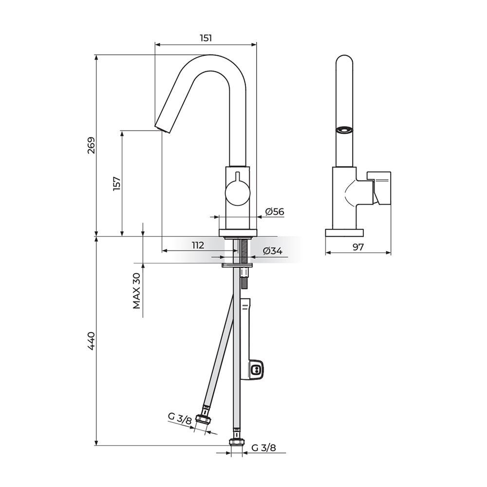Rosan Stolz S3 Black baterija za lavabo 330201B – tehnički crtež