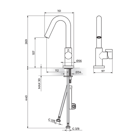 Rosan Stolz S3 Black baterija za lavabo 330201B – tehnički crtež