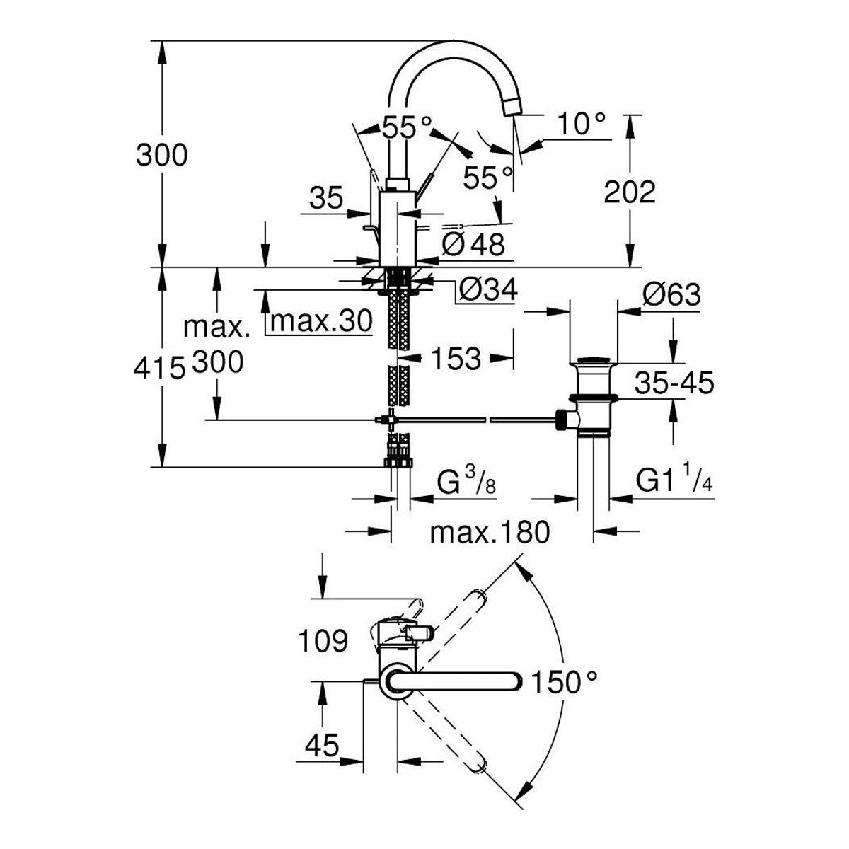 Grohe Eurosmart Cosmopolitan baterija za umivaonik L – Size 32830001 – tehnički crtež