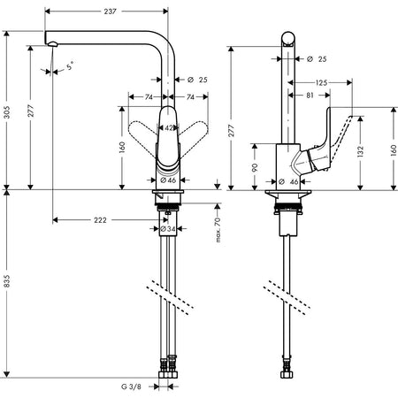 Hansgrohe Focus 280 za sudoperu 31817000 – tehnički crtež