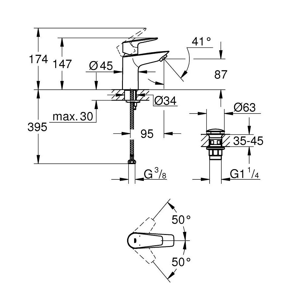 Grohe Bauedge za lavabo S CLICK 23896001 – tehnički crtež