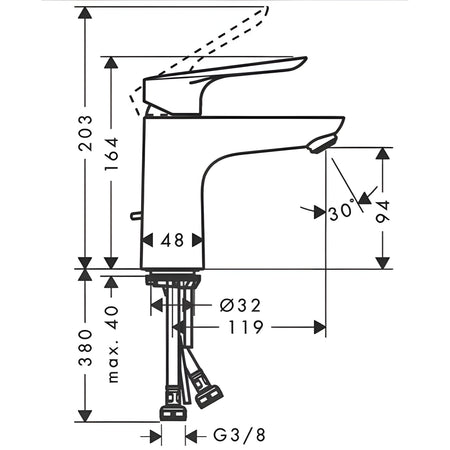Hansgrohe Logis E 100 za lavabo 71161000 – tehnički crtež