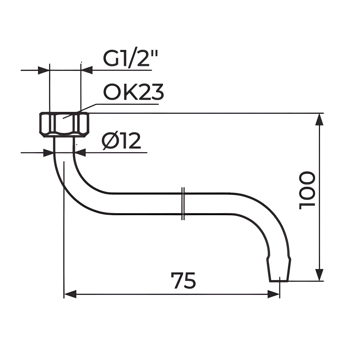 Rosan izliv S 75 - o12 mm - kratki, "PICCOLO" PIS07512 – tehnički crtež