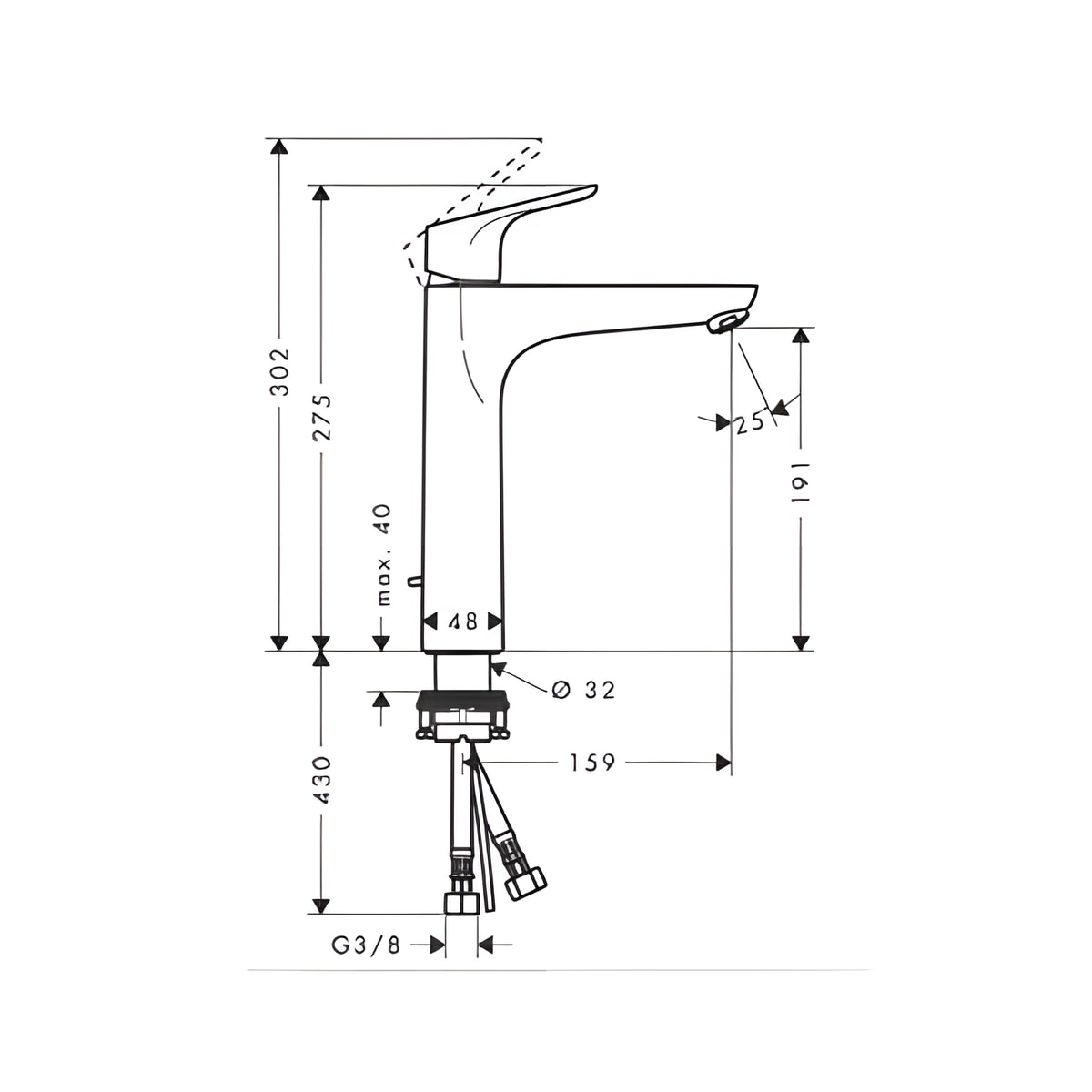 Hansgrohe Focus slavina za umivaonik 190 sa podsklopom 31608000 – tehnički crtež