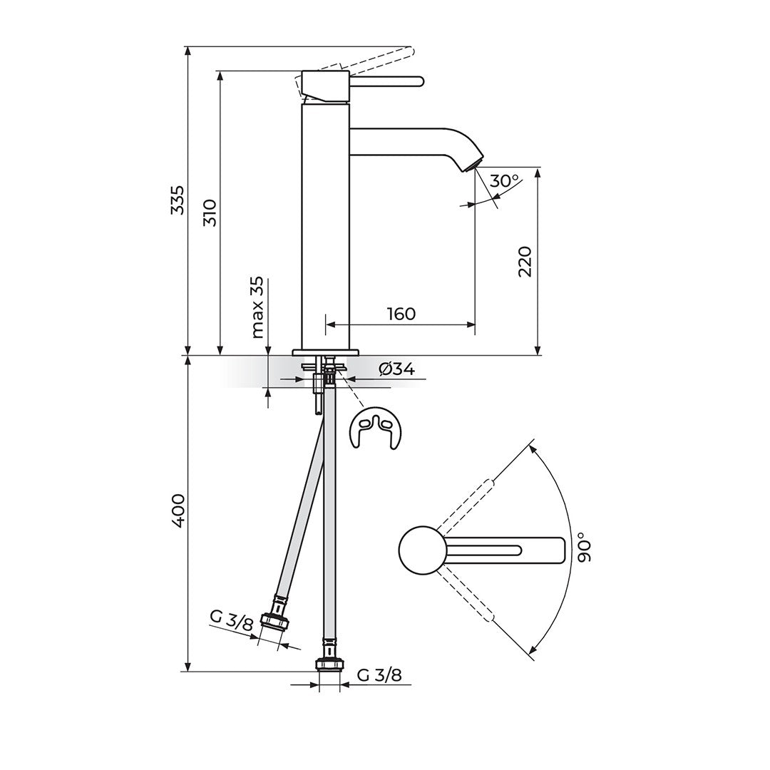 Rosan Zerro baterija za lavabo, visoka JZ30109 – tehnički crtež