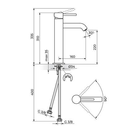 Rosan Zerro baterija za lavabo, visoka JZ30109 – tehnički crtež