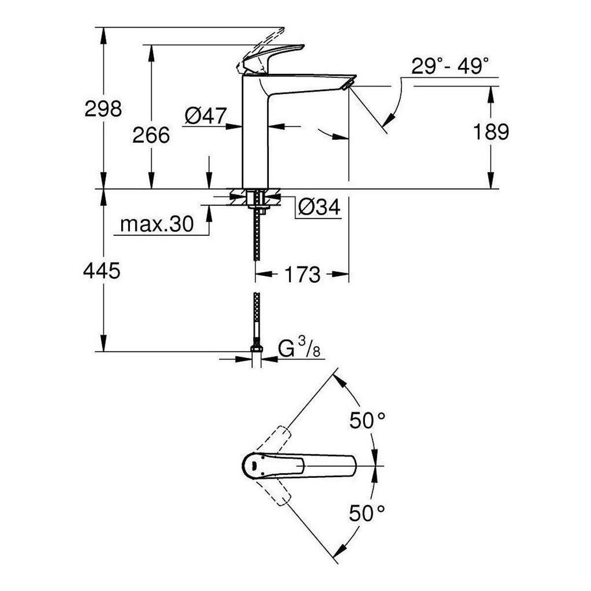 Grohe Eurosmart baterija za umivaonik XL – Size 23971003 – tehnički crtež