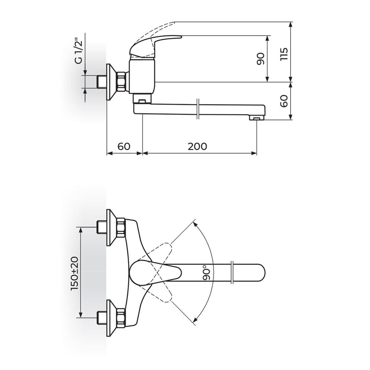 Rosan Perla uzidna baterija za sudoperu – lavabo izliv 200mm JP321020 – tehnički crtež