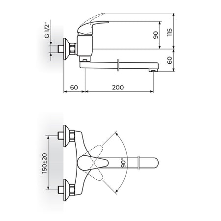 Rosan Perla uzidna baterija za sudoperu – lavabo izliv 200mm JP321020 – tehnički crtež