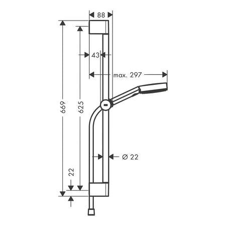 Hansgrohe Pulsify Select S 105 tuš set 3 JET sa tuš šipkom 65 cm 24160000 – tehnički crtež