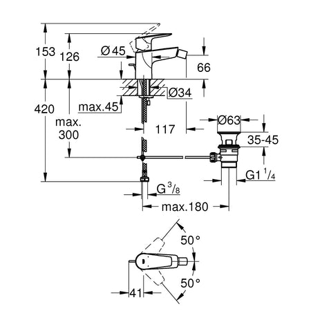 Grohe Bauedge baterija za bide 23331001 – tehnički crtež