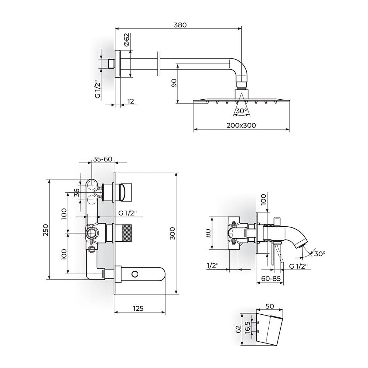 Rosan S2 baterija za tuš kadu 231705 – tehnički crtež
