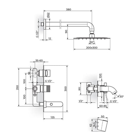Rosan S2 baterija za tuš kadu 231705 – tehnički crtež
