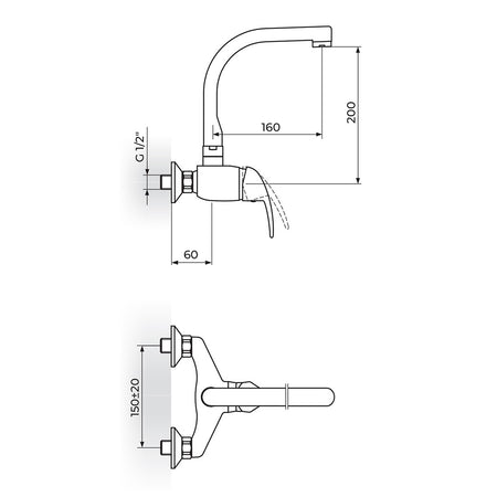 Rosan King baterija za sudoperu – lavabo izliv 200mm – J J321J20 – tehnički crtež