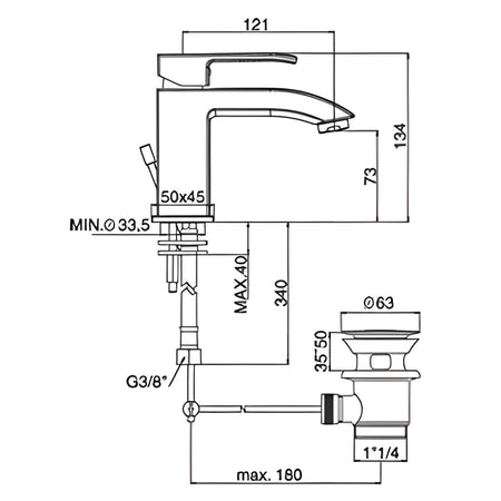 Paffoni Level za lavabo Paffoni LES075CR – tehnički crtež