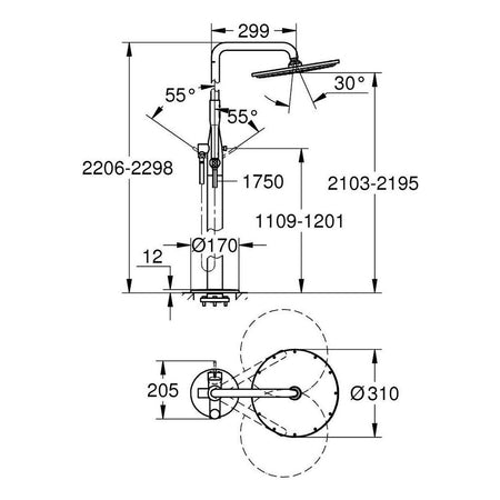 Grohe Essence Usponski tuš podni 23741001 – tehnički crtež