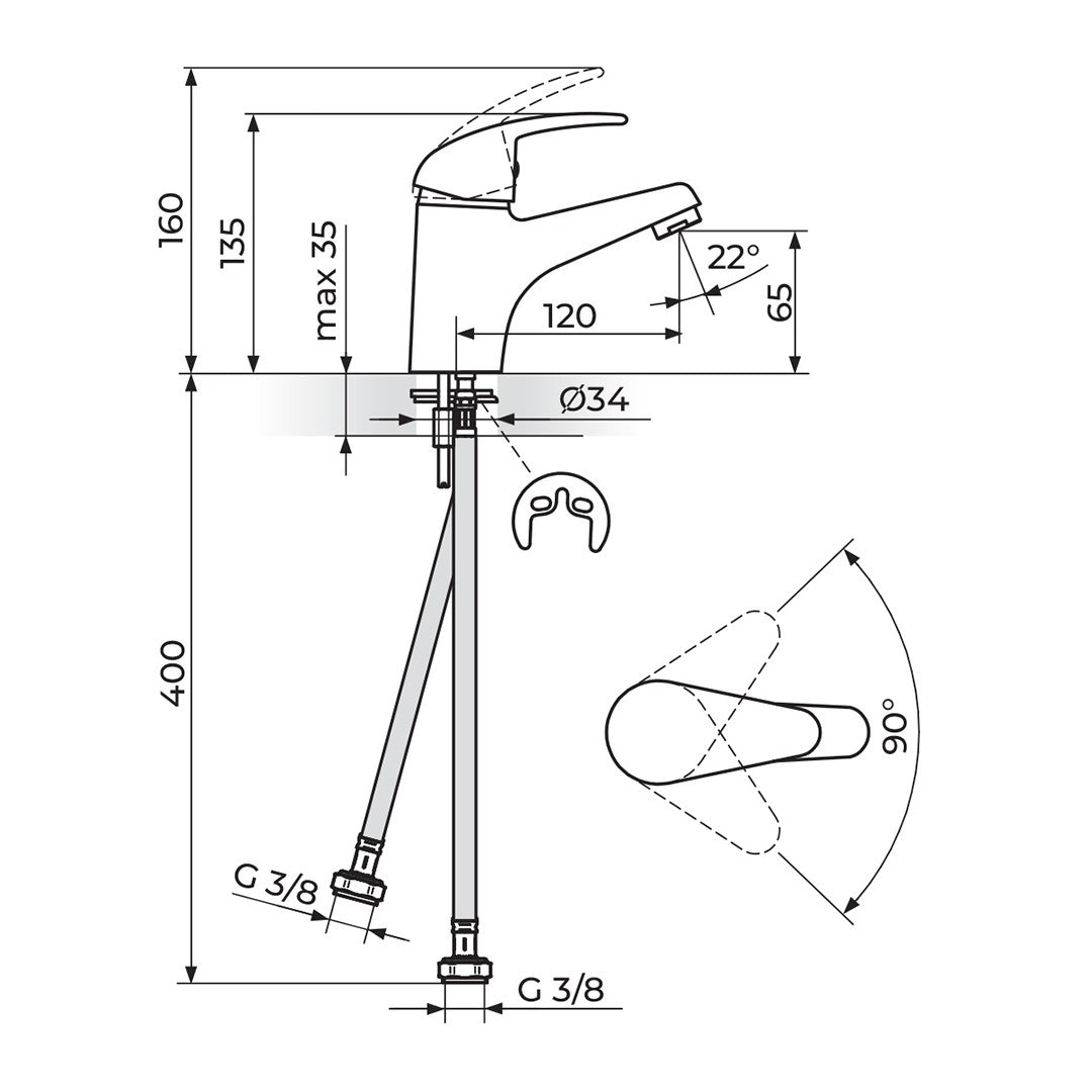 Rosan King baterija za lavabo J301001 – tehnički crtež