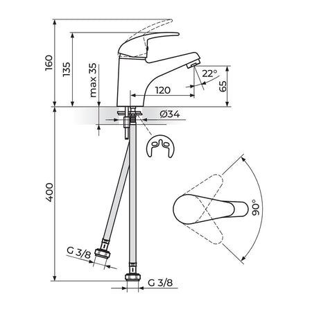 Rosan King baterija za lavabo J301001 – tehnički crtež