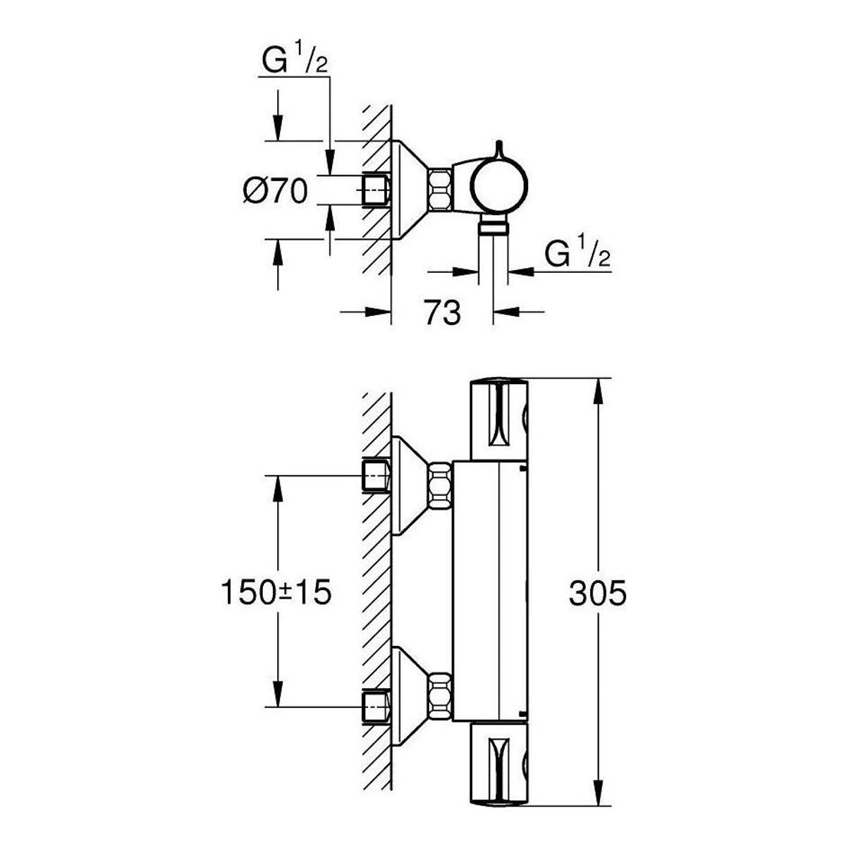 Grohe Grohtherm 800 termostatska baterija za tuš 34558000 – tehnički crtež