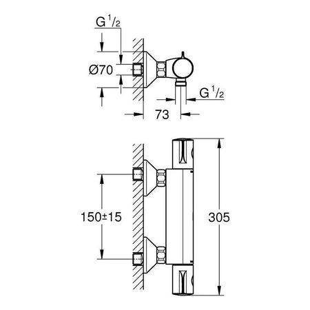 Grohe Grohtherm 800 termostatska baterija za tuš 34558000 – tehnički crtež