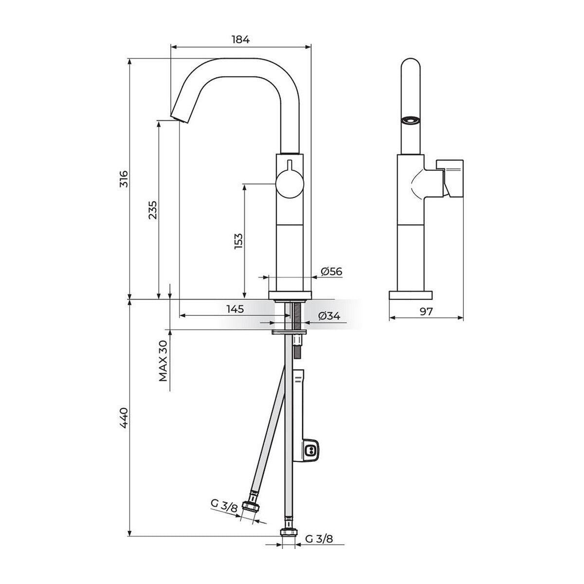 Rosan Stolz S3 baterija za lavabo XL 330209 – tehnički crtež