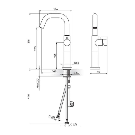 Rosan Stolz S3 baterija za lavabo XL 330209 – tehnički crtež