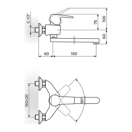 Rosan Cubo3 baterija za sudoperu – lavabo izliv 150mm JC32115 – tehnički crtež