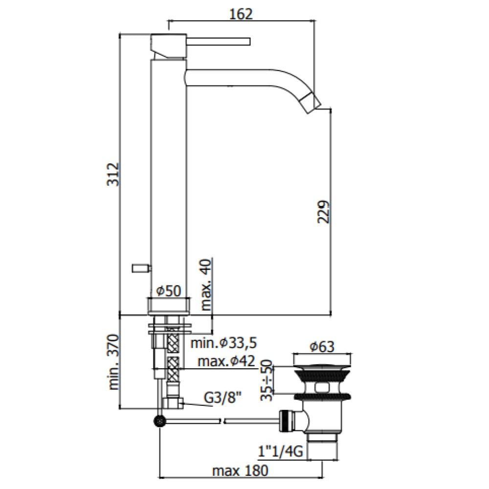 Paffoni Light baterija za lavabo Visoka Crna LIG085NO – tehnički crtež