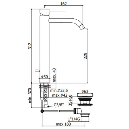 Paffoni Light baterija za lavabo Visoka Crna LIG085NO – tehnički crtež