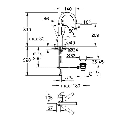 Grohe Bauflow za umivaonik L SIZE – tehnički crtež