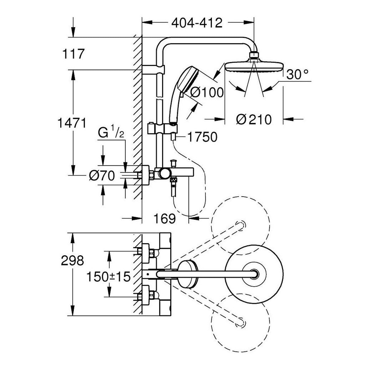 Grohe Tempesta Cosmopolitan 210 Termostatski Usponski tuš 26223001 – tehnički crtež